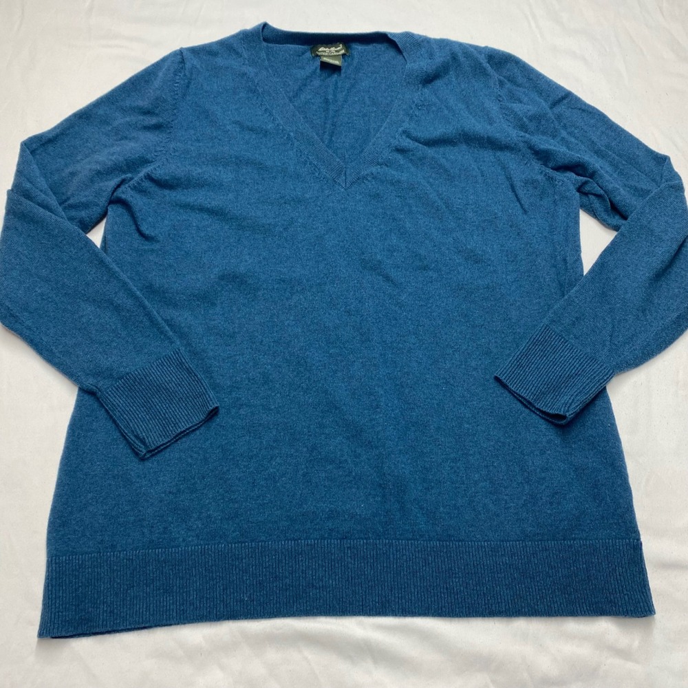 Eddie Bauer Teal Blue Cotton Cashmere V-Neck Sweater Mens XL Long Sleeve Knit